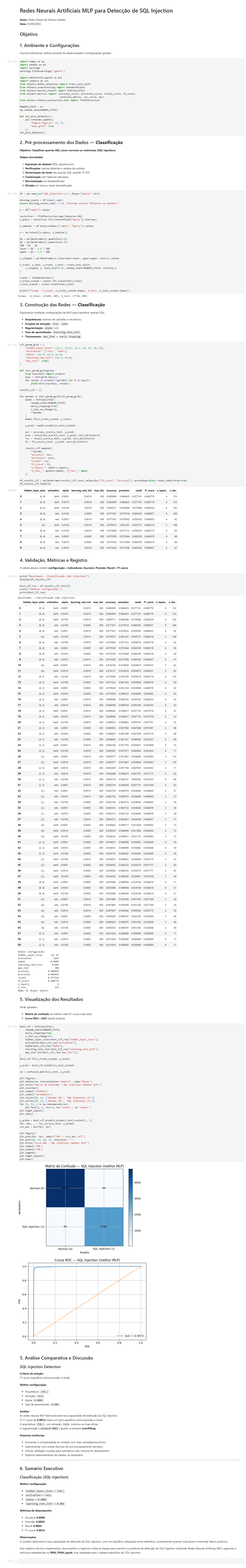 Redes Neurais Artificiais MLP para Detecção de SQL Injection